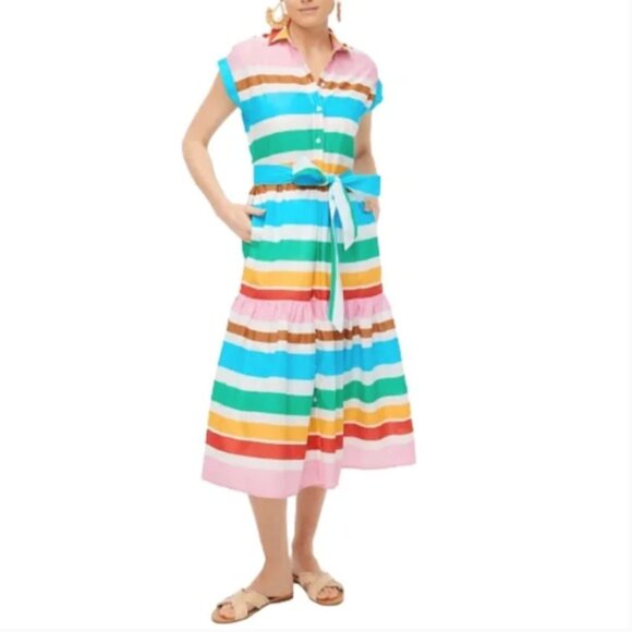 NWT JCrew Midi Stripe Shirt Dress Womens 00 Pink Blue Rainbow Short Sleeve NEW - Picture 2 of 12